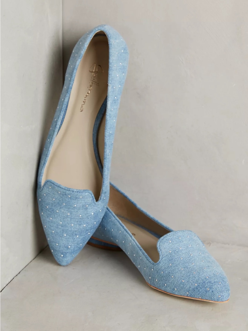 NIB Anthropologie Guilhermina Denim Pointed Toe Flats Blue Dot Size 9